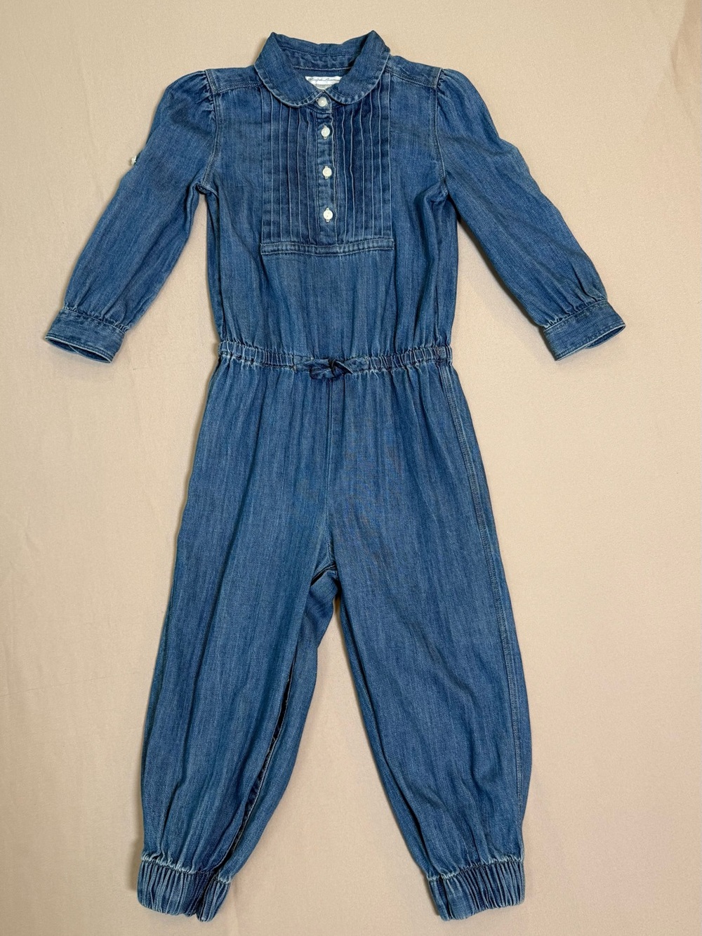 Ralph Lauren Blue Denim Long-Sleeve Girls' Jumpsuit, Size 24 Months.